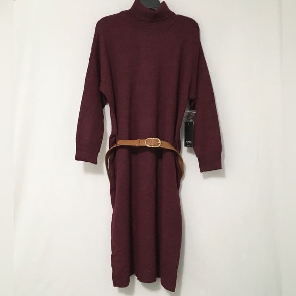 Jones New York Petite Size PXL Bordeaux Turtleneck Sweater Dress with Belt - Picture 7 of 7